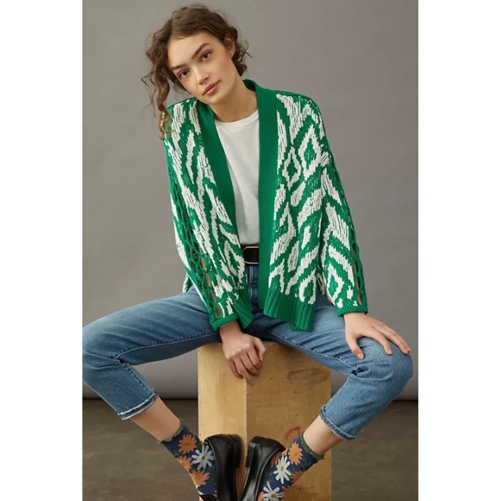 Anthropologie Maeve Green White Ikat Intarsia Knit Lattice Sleeve‎ Cardigan S